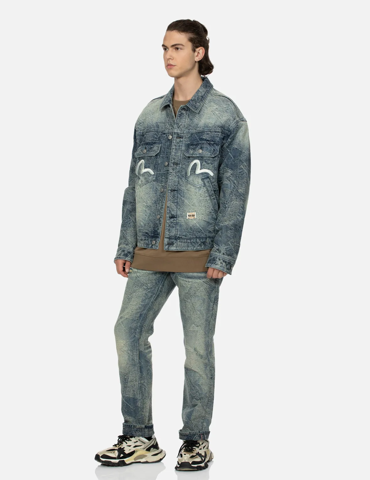 Allover Pocket Print and Seagull Embroidery Loose Fit Denim Jacket