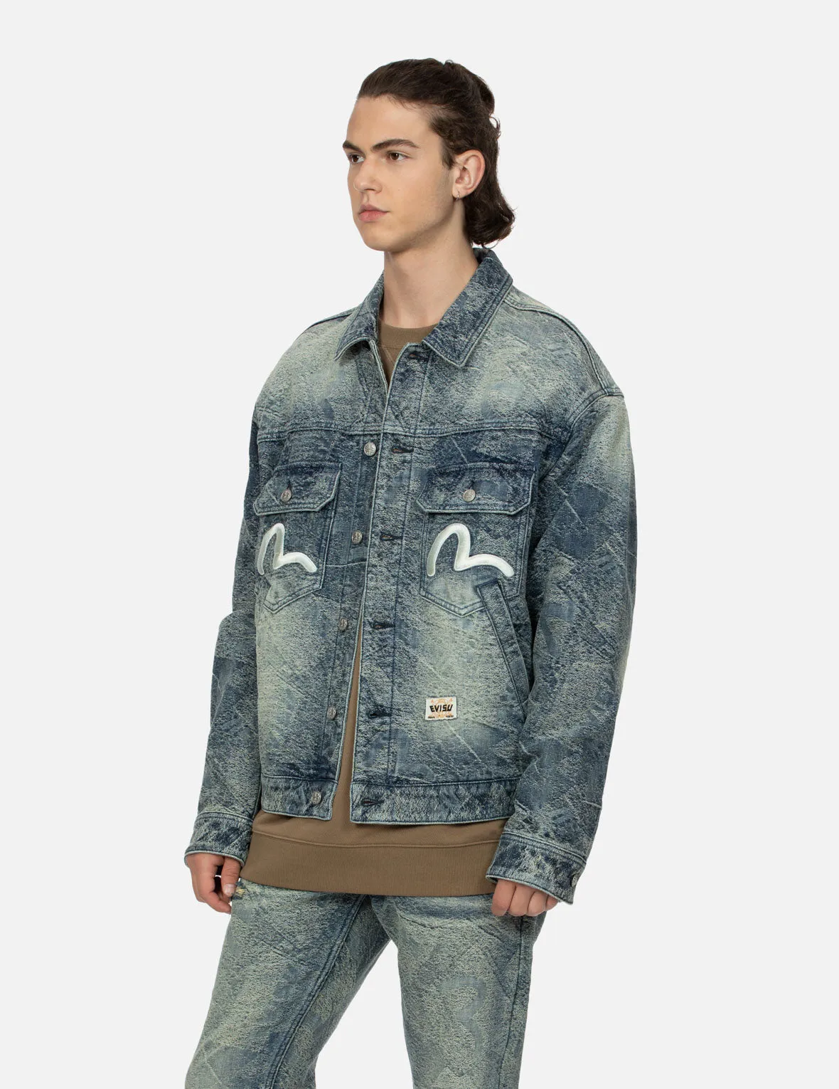 Allover Pocket Print and Seagull Embroidery Loose Fit Denim Jacket