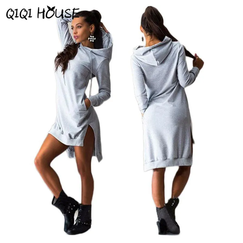 Autumn 2016 Women Hooded Sweatshirt Dress Loose Casual Long Sleeve Irregular Pullover Pockets Vestidos Casuales De Mujer#C818 SM