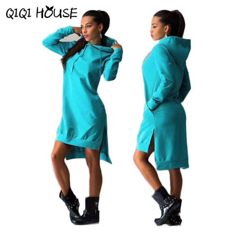 Autumn 2016 Women Hooded Sweatshirt Dress Loose Casual Long Sleeve Irregular Pullover Pockets Vestidos Casuales De Mujer#C818 SM