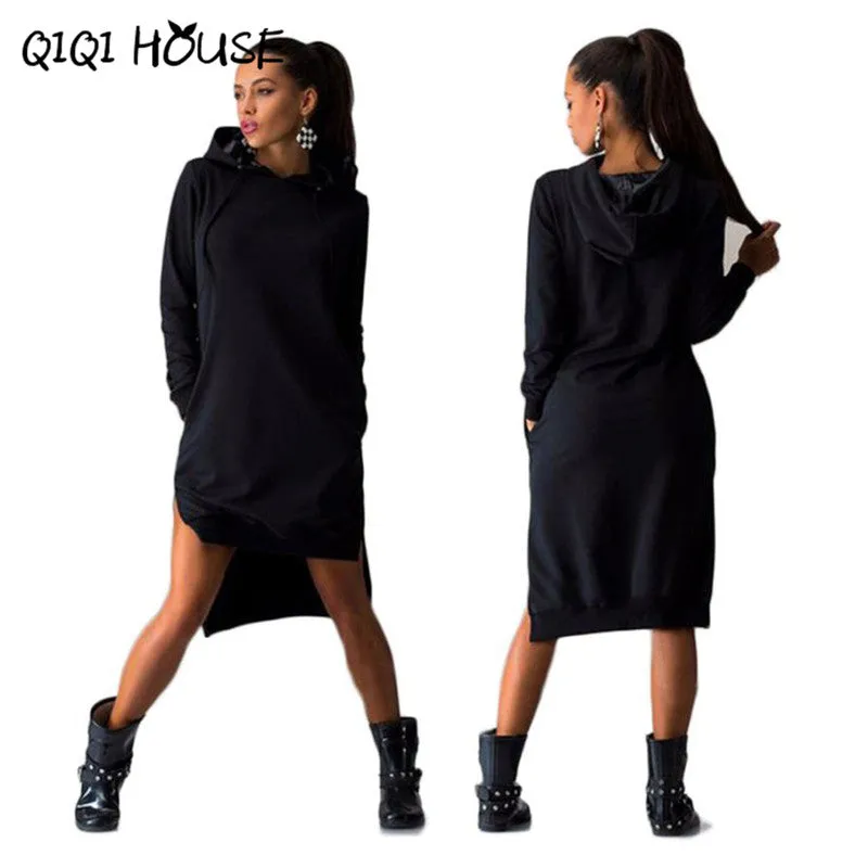 Autumn 2016 Women Hooded Sweatshirt Dress Loose Casual Long Sleeve Irregular Pullover Pockets Vestidos Casuales De Mujer#C818 SM