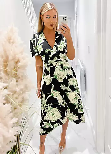 AX Paris Multi Green & Black Floral Printed Short Sleeve Belted Wrap Midi Dress | Grattan