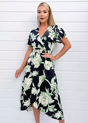 AX Paris Multi Green & Black Floral Printed Short Sleeve Belted Wrap Midi Dress | Grattan