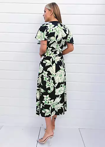 AX Paris Multi Green & Black Floral Printed Short Sleeve Belted Wrap Midi Dress | Grattan