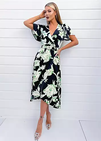 AX Paris Multi Green & Black Floral Printed Short Sleeve Belted Wrap Midi Dress | Grattan