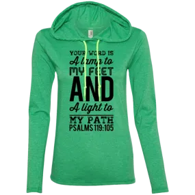 Bible Verse Ladies' Long Sleeve T-Shirt Hoodie - Your Word Is Light To My Path ~Psalm 119:105~ Design 3 (Black Font)