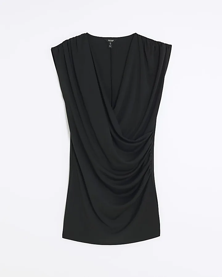 Black drape detail wrap mini dress