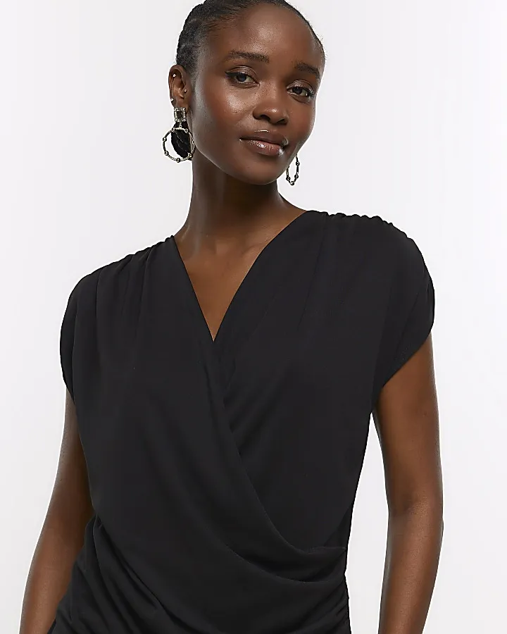 Black drape detail wrap mini dress