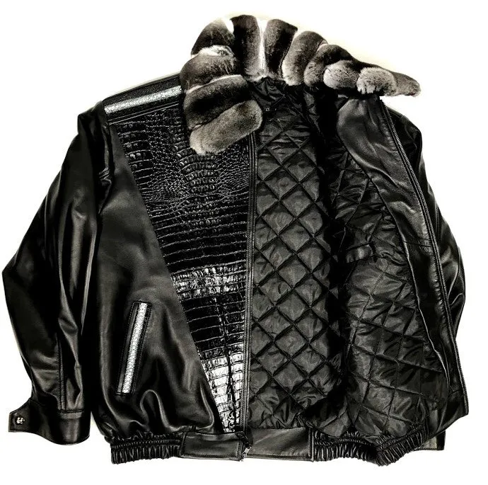 Black Lambskin Jacket With Chinchilla Collar & Alligator/Stingray Trimming Style #2075