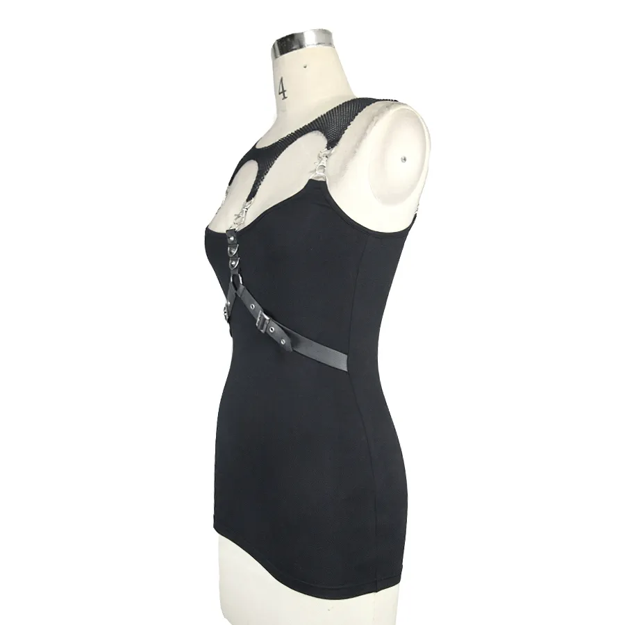 Black Top with Harness Design / Steampunk Sleeveless Slim-Fitting Top with Buckles