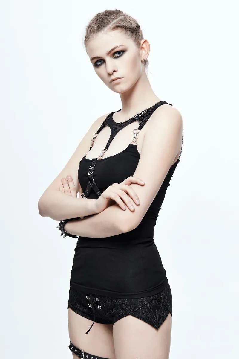 Black Top with Harness Design / Steampunk Sleeveless Slim-Fitting Top with Buckles