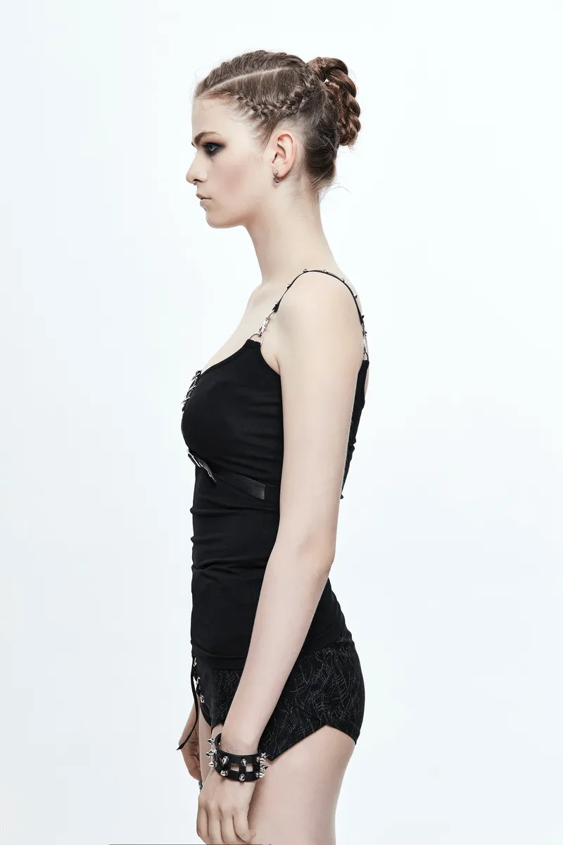 Black Top with Harness Design / Steampunk Sleeveless Slim-Fitting Top with Buckles