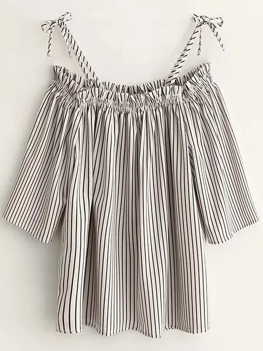 Black White Line Stripes Cold Shoulder Sleeveless Top