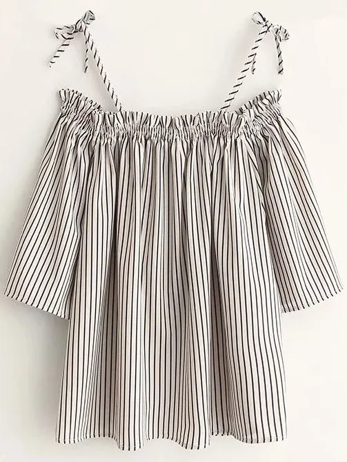 Black White Line Stripes Cold Shoulder Sleeveless Top