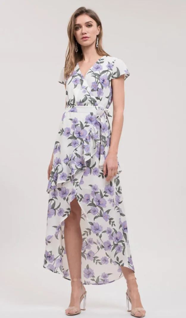 Blu Pepper White Floral Print Tulip Hem Maxi Wrap Dress