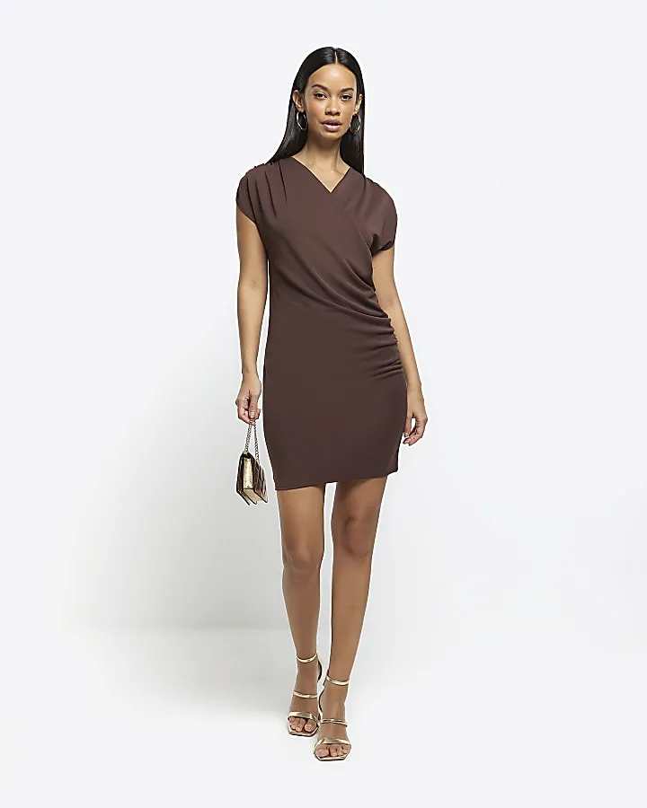 Brown drape wrap bodycon mini dress