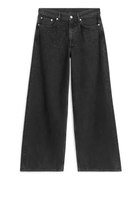 CLOUD Rhinestone Loose Jeans - Low waist - Long - Black - Ladies | H&M GB