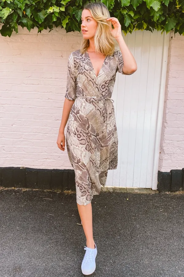 Coffee & Cream Animal Print Midi Wrap Dress