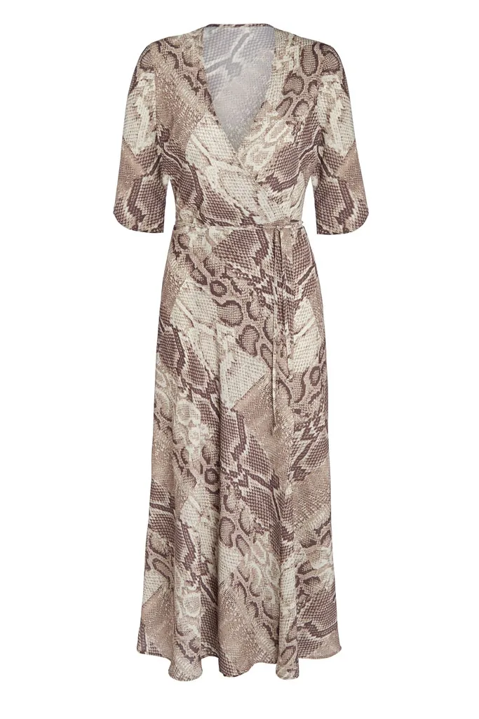 Coffee & Cream Animal Print Midi Wrap Dress