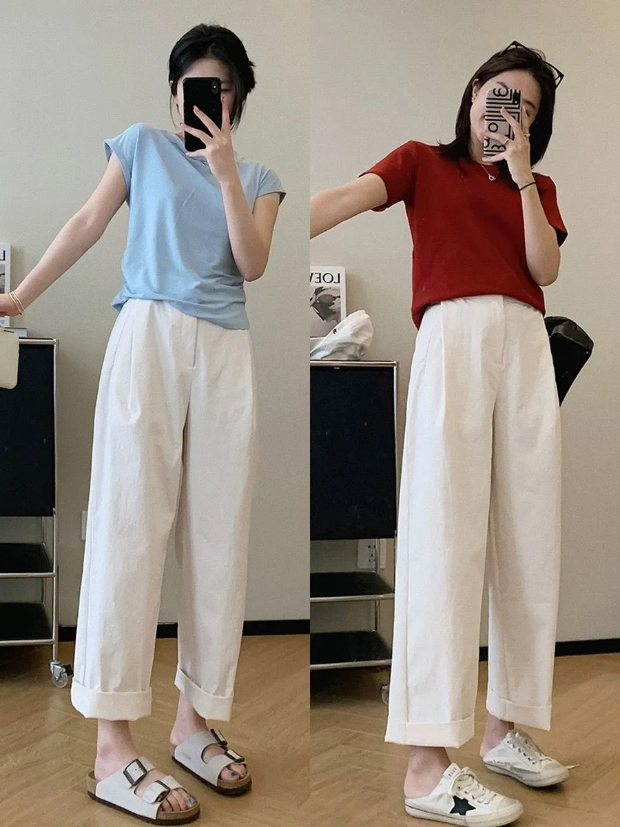 Dading homemade origami pants! Slightly wrinkled paper-like crotch-covering straight pants for women, summer loose casual pants,