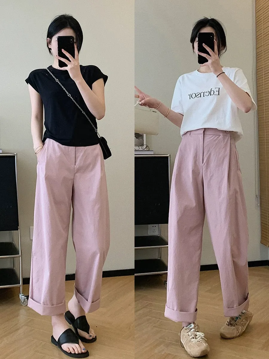 Dading homemade origami pants! Slightly wrinkled paper-like crotch-covering straight pants for women, summer loose casual pants,