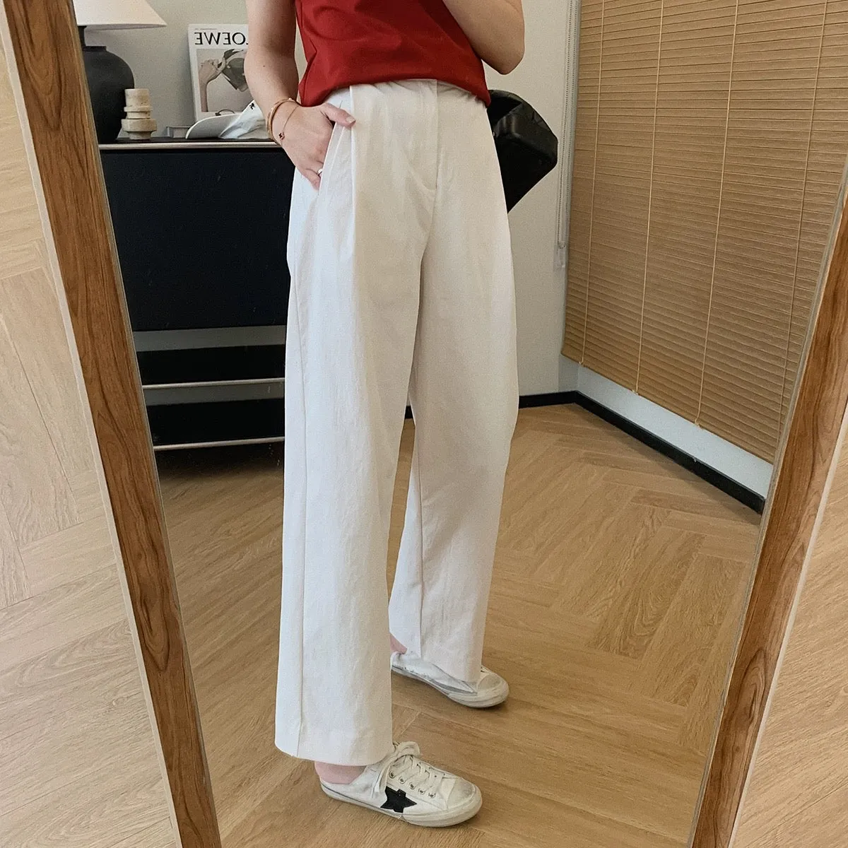 Dading homemade origami pants! Slightly wrinkled paper-like crotch-covering straight pants for women, summer loose casual pants,