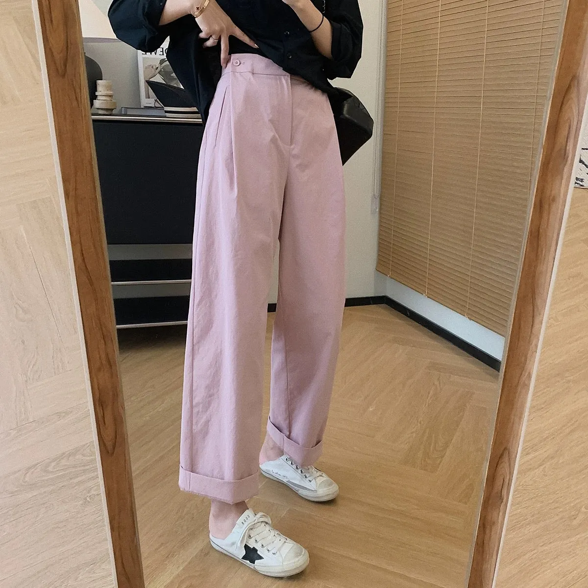 Dading homemade origami pants! Slightly wrinkled paper-like crotch-covering straight pants for women, summer loose casual pants,