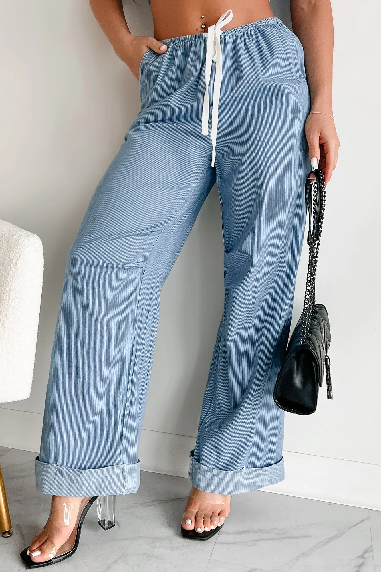 Dinah Cuffed Hem Wide Leg Striped Pants (Light Denim Stripe)