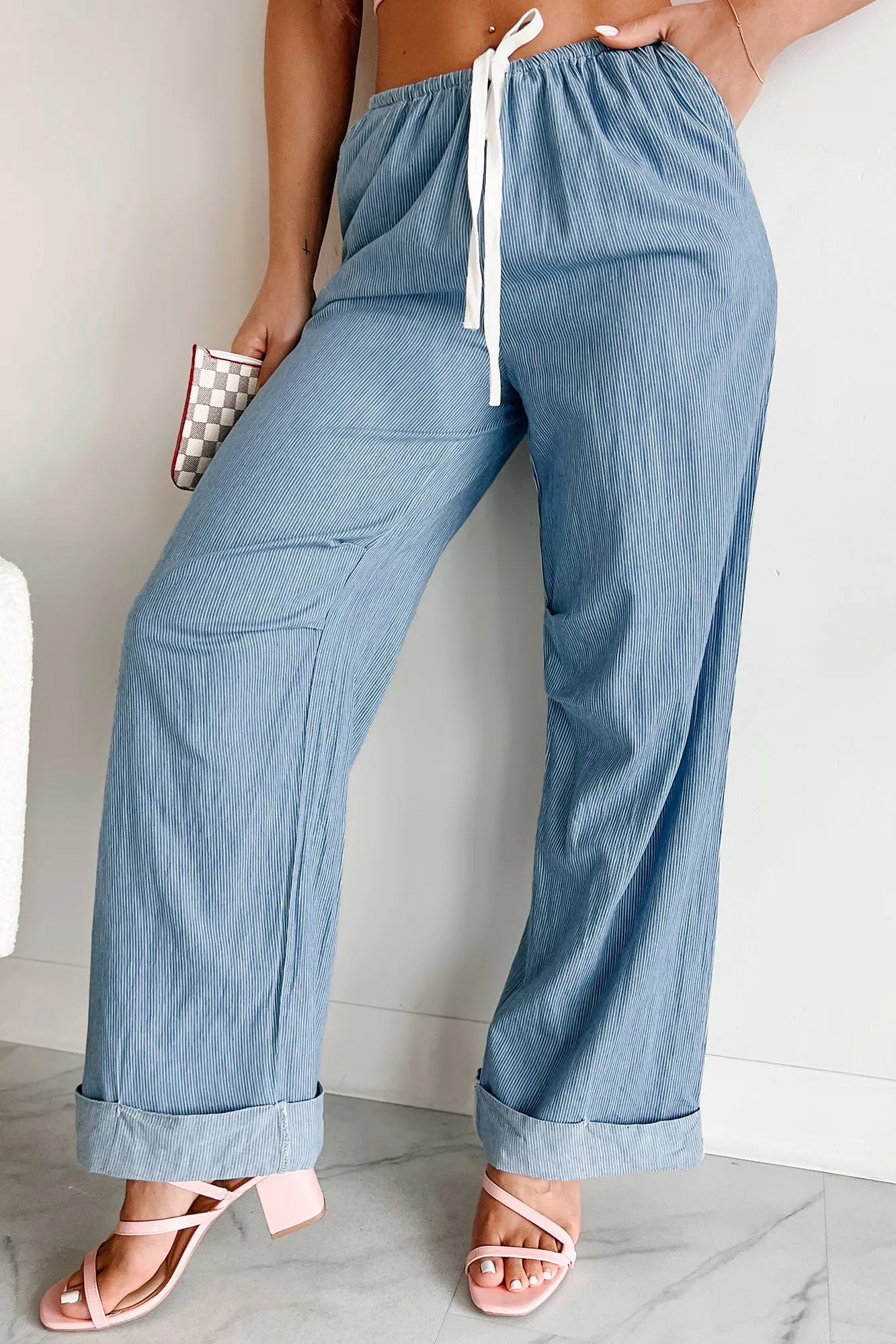 Dinah Cuffed Hem Wide Leg Striped Pants (Light Denim Stripe)