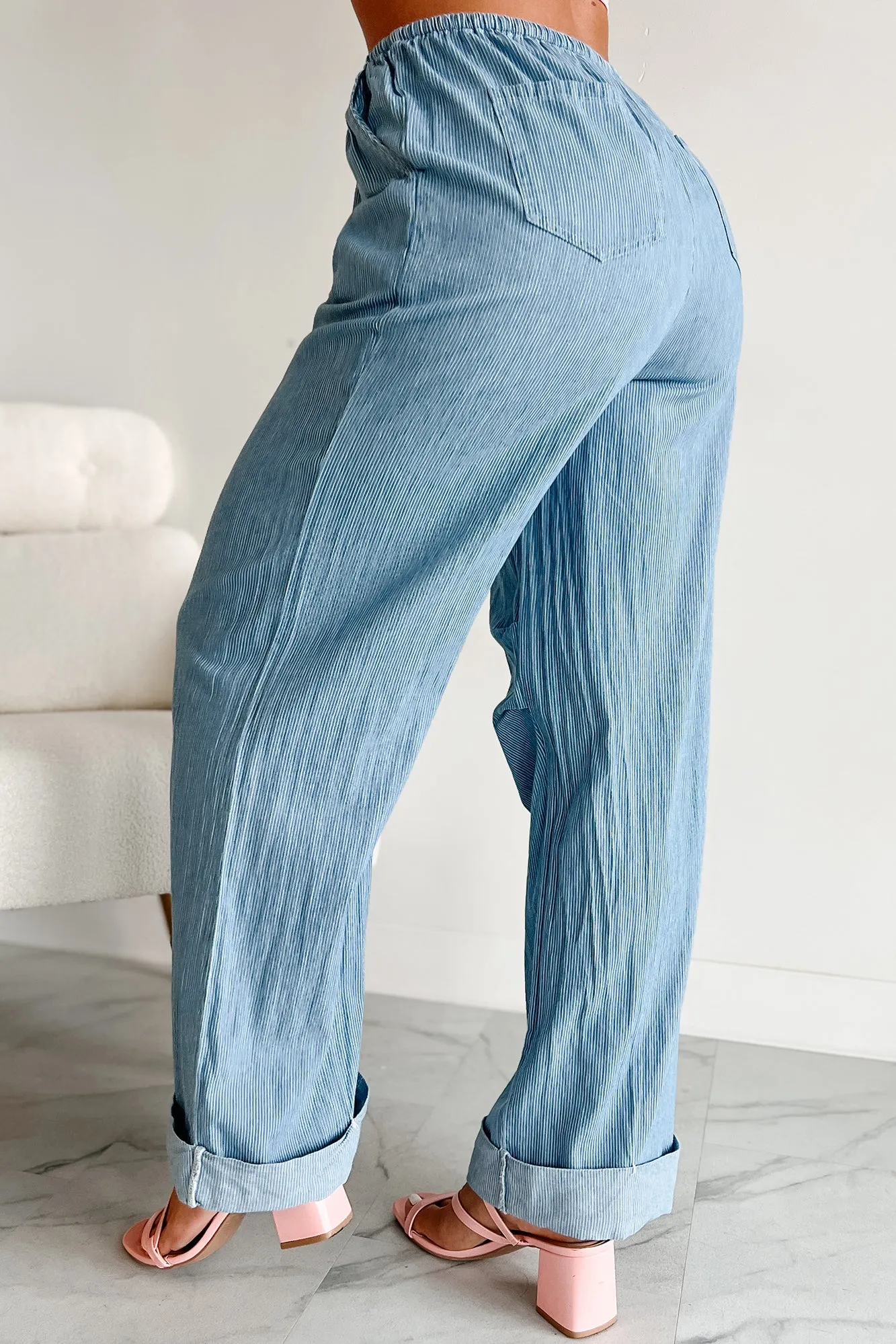 Dinah Cuffed Hem Wide Leg Striped Pants (Light Denim Stripe)