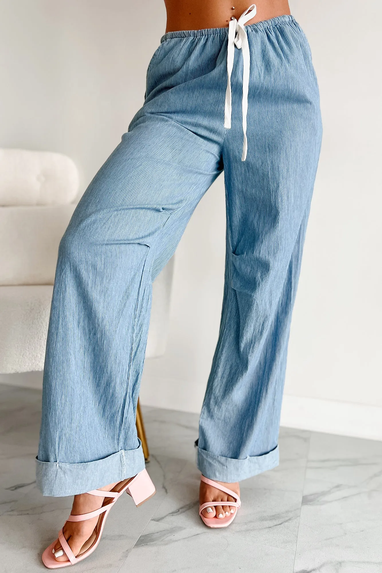 Dinah Cuffed Hem Wide Leg Striped Pants (Light Denim Stripe)