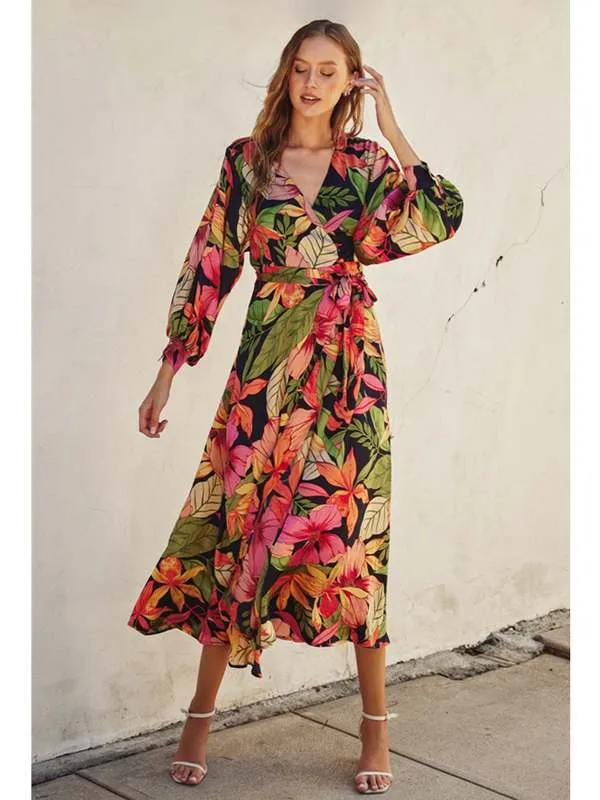 Dress Froum Sally Picture Perfect Satin Maxi Wrap Dress - Oceania Garden