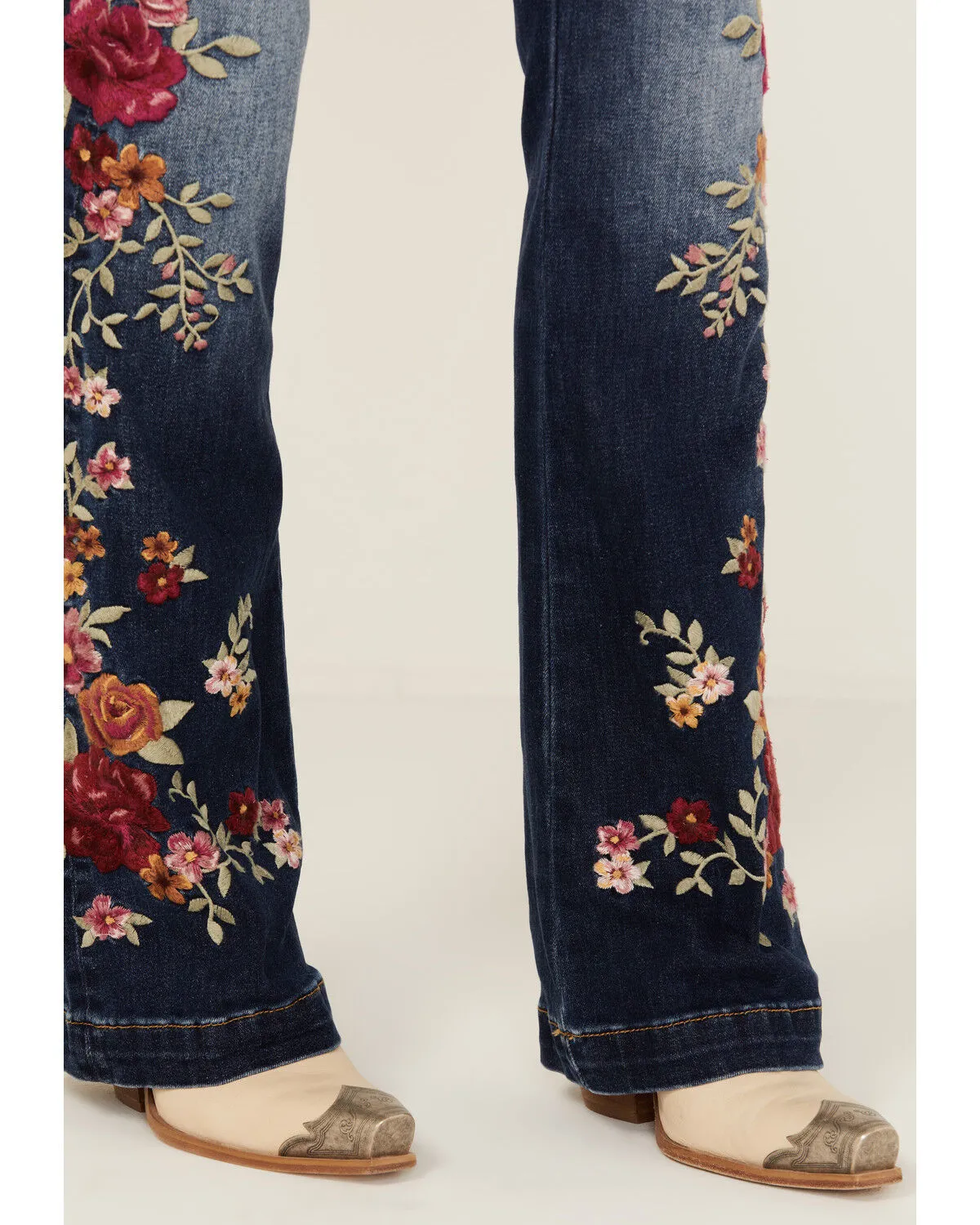 Driftwood Women's Medium Wash High Rise Floral Embroidered Stretch Flare Jeans