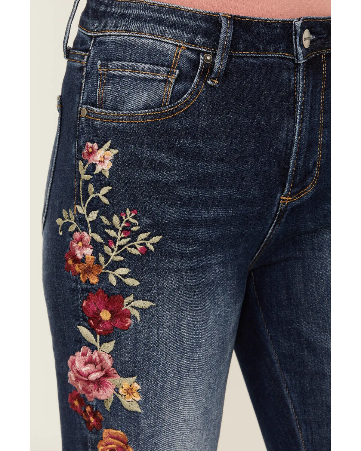 Driftwood Women's Medium Wash High Rise Floral Embroidered Stretch Flare Jeans