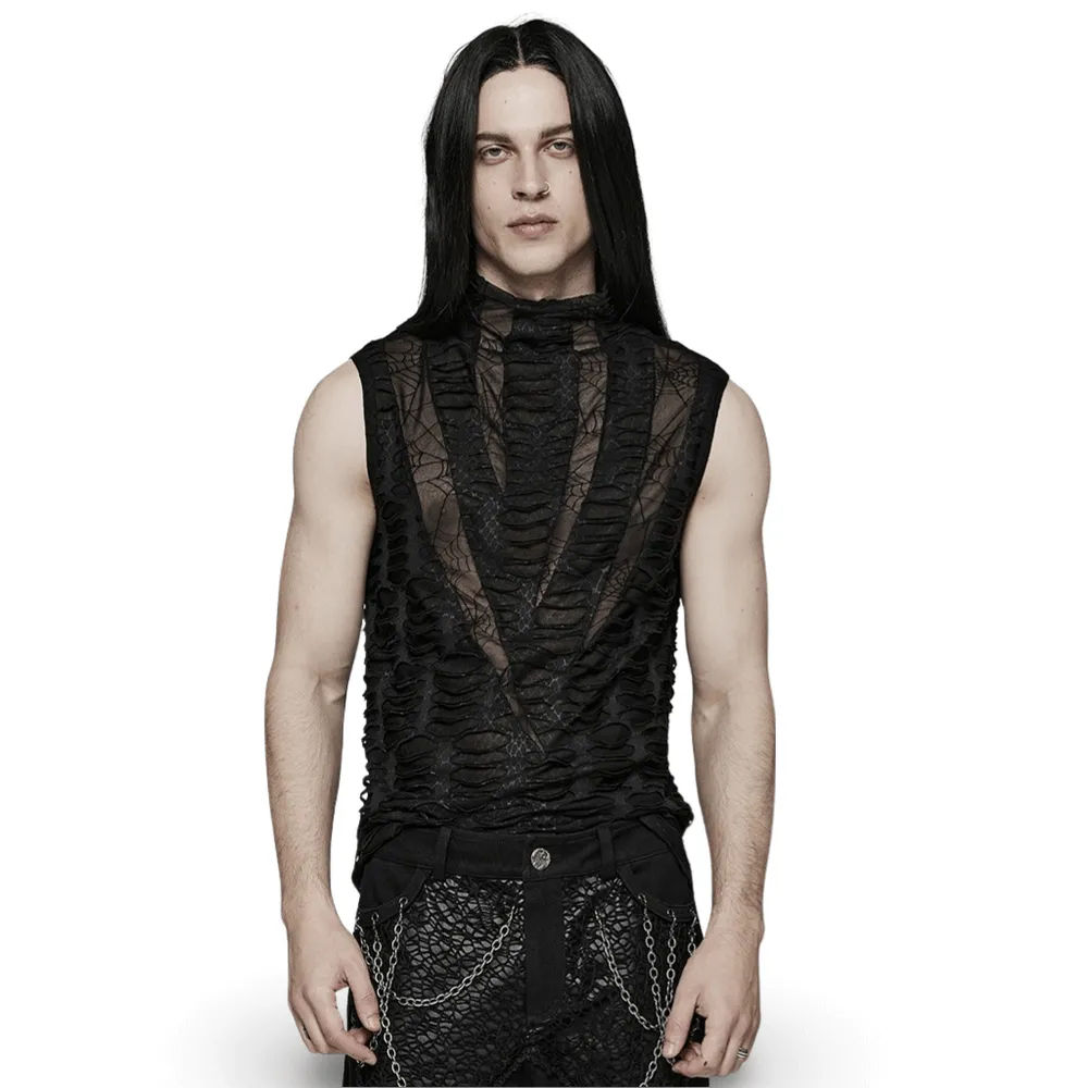 Edgy Men's Asymmetric Mesh Sleeveless Gothic Top