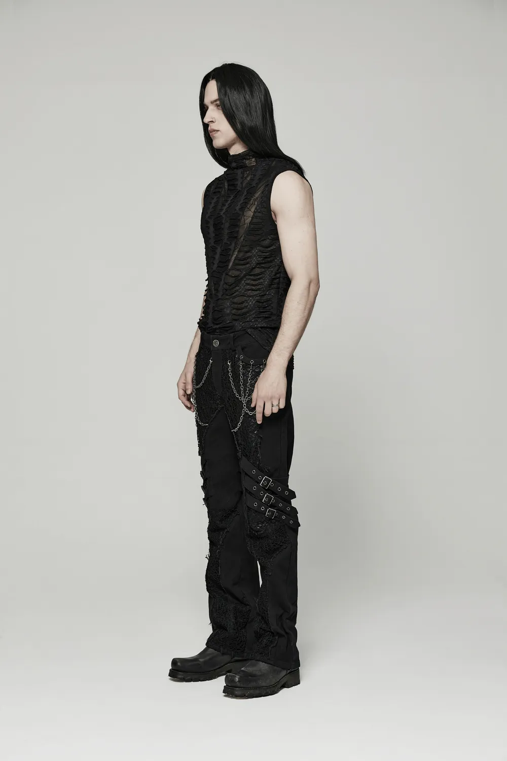 Edgy Men's Asymmetric Mesh Sleeveless Gothic Top