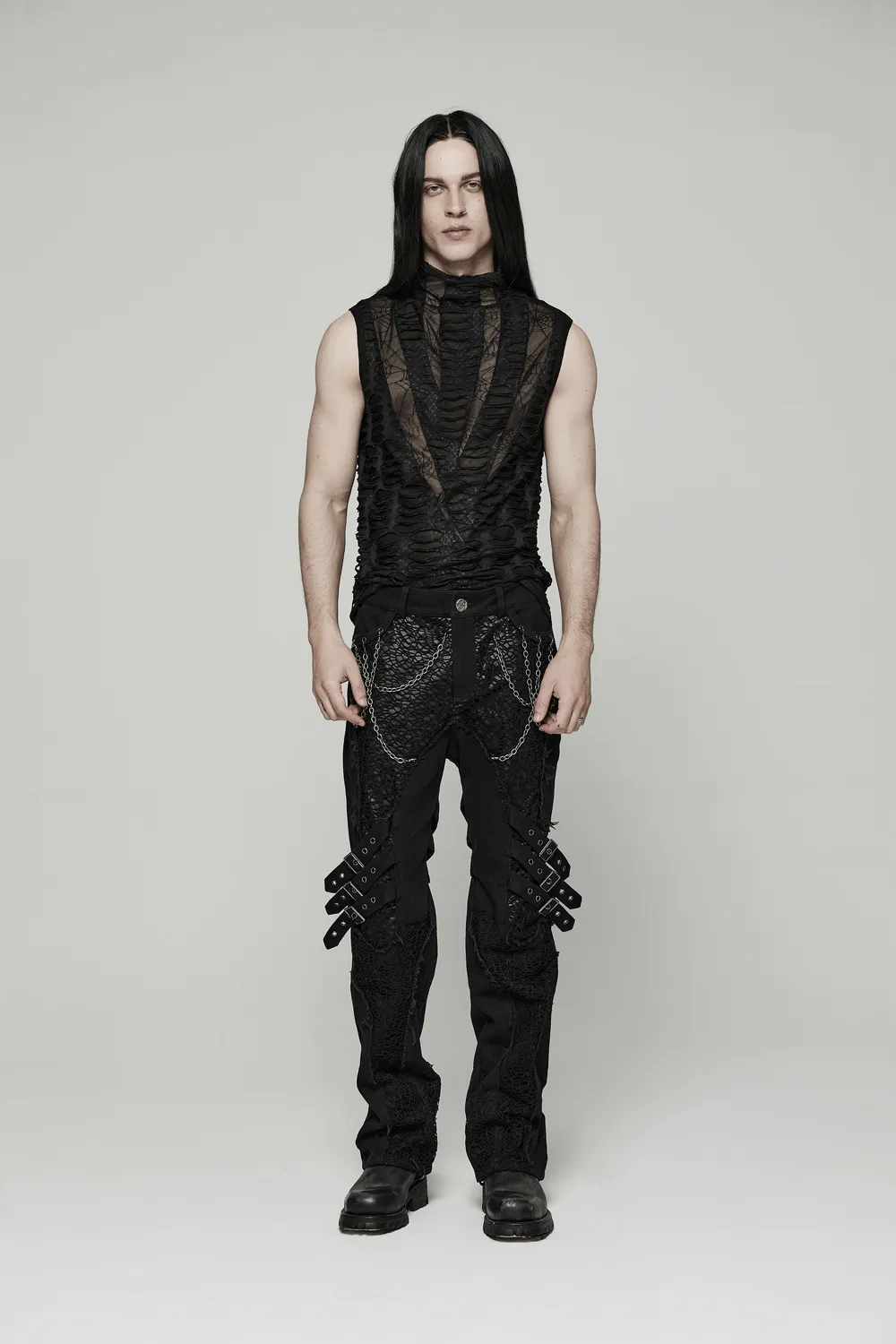 Edgy Men's Asymmetric Mesh Sleeveless Gothic Top