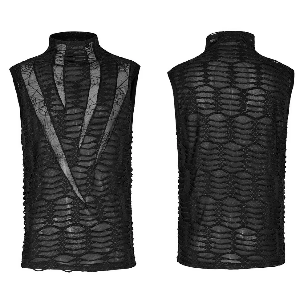 Edgy Men's Asymmetric Mesh Sleeveless Gothic Top