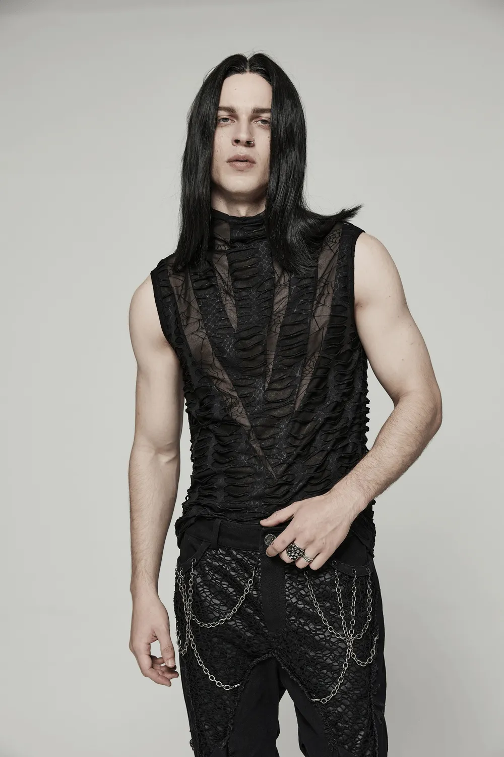 Edgy Men's Asymmetric Mesh Sleeveless Gothic Top