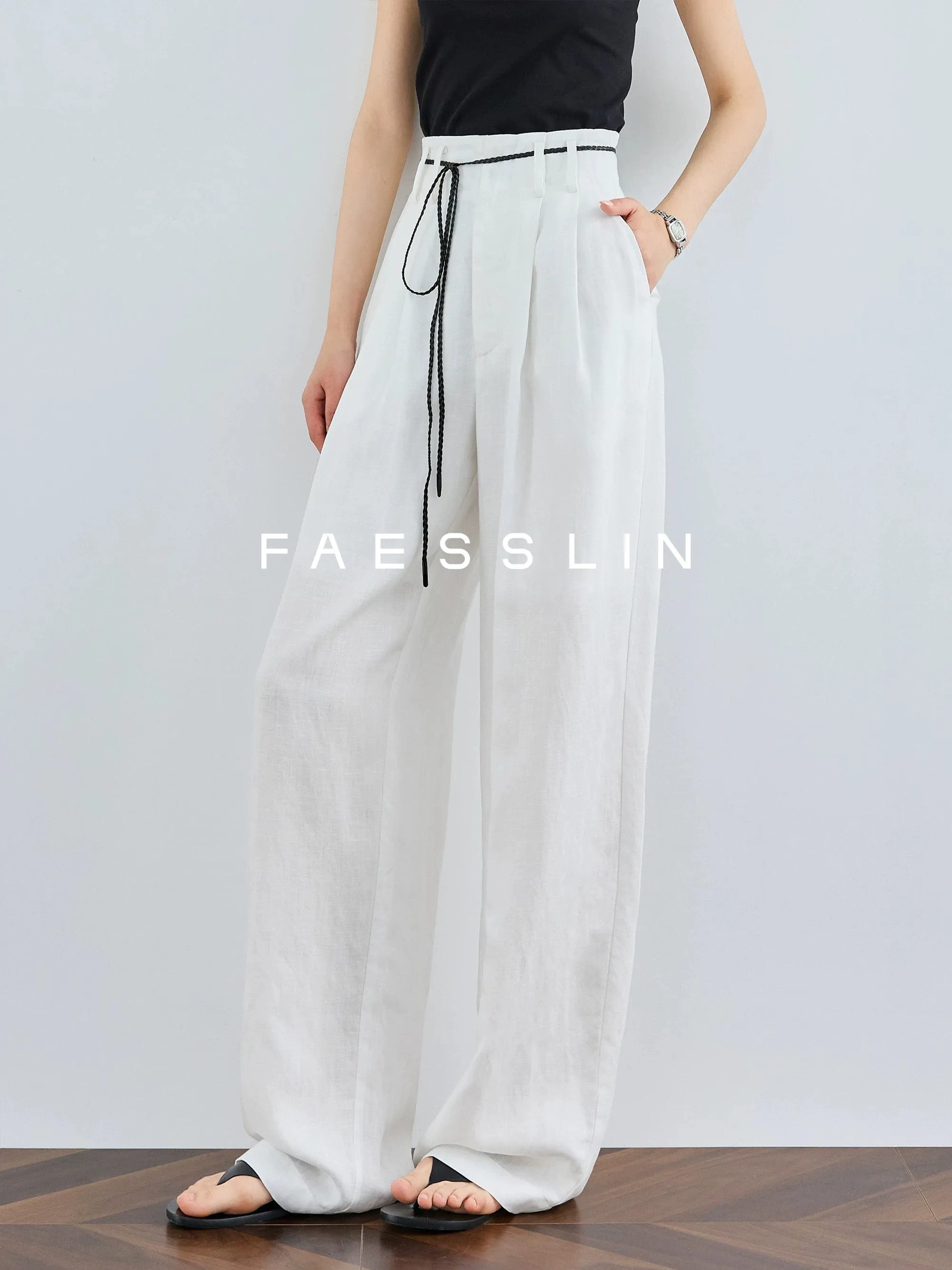 FAESSLIN Tencel linen wide-leg pants for women's summer thin tall lengthened straight white drape suit pants