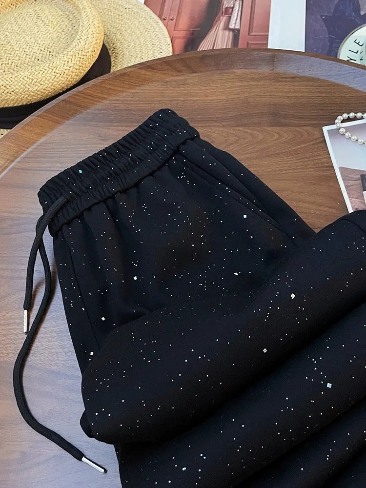 Fashionable star-studded black high-waisted wide-leg pants 2024 early spring new niche design straight casual pants