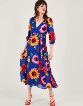 Francesca Floral Print Wrap Dress in Sustainable Viscose Blue