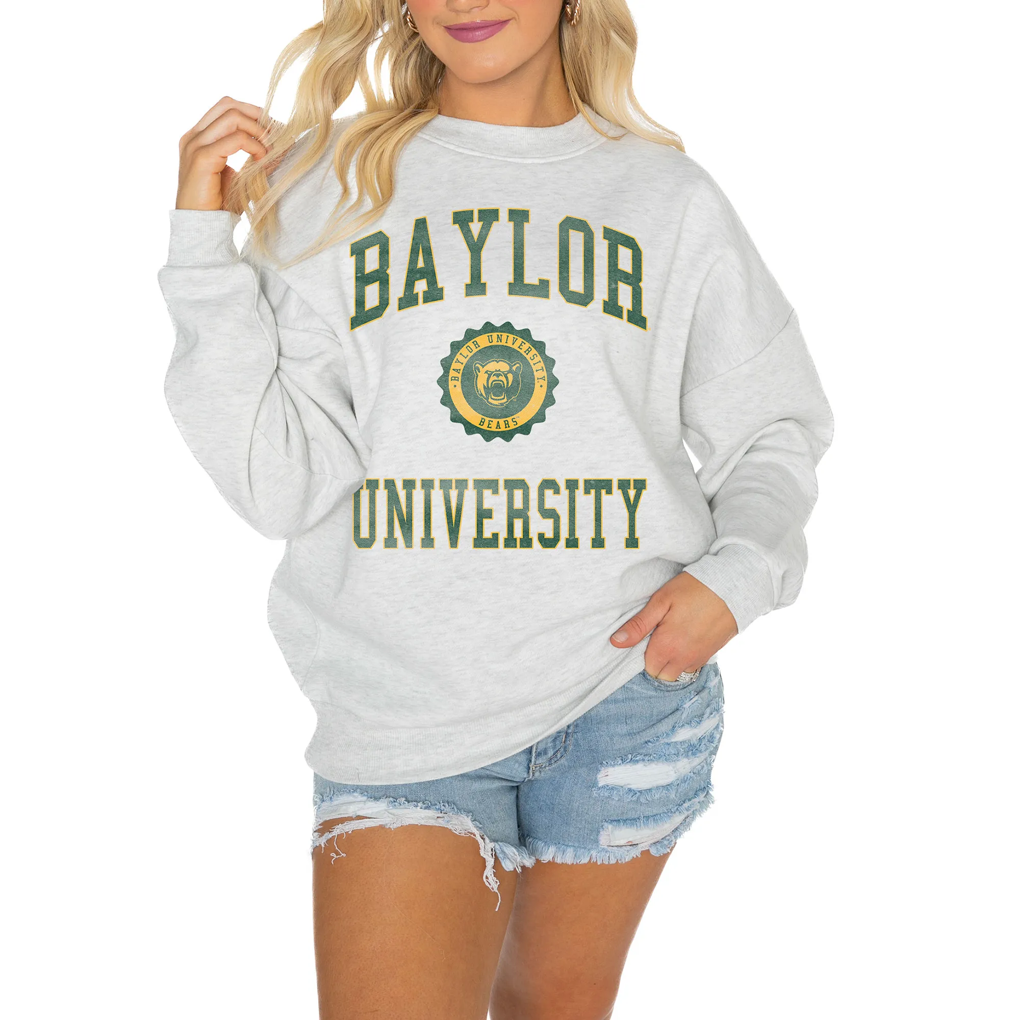 Gameday Couture Baylor Bears Women's Steel Good Vibes Premium Fleece Drop Shoulder Pullover Sweatshirt