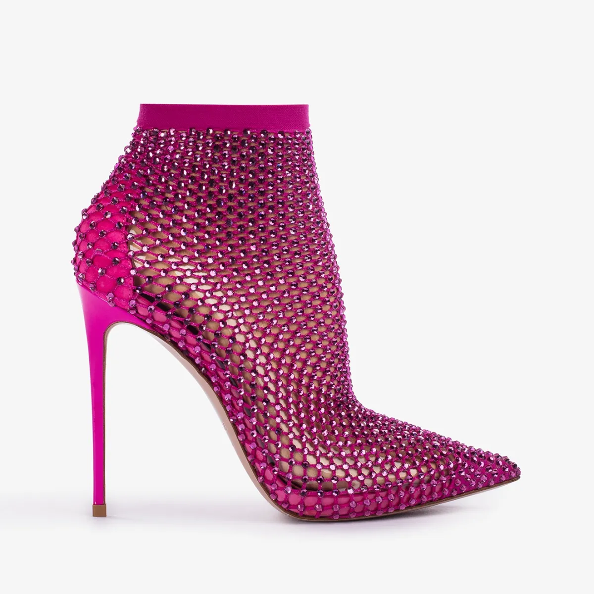 GILDA ANKLE BOOT 120 mm Bouganville fuchsia fishnet ankle boot with Crystals