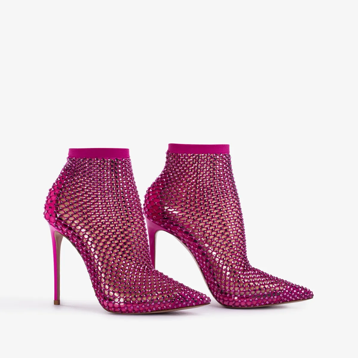 GILDA ANKLE BOOT 120 mm Bouganville fuchsia fishnet ankle boot with Crystals