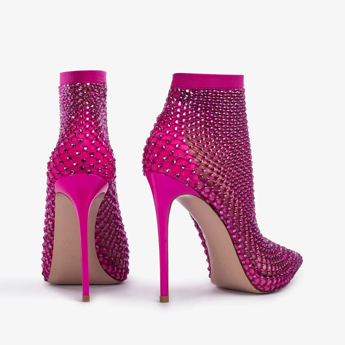 GILDA ANKLE BOOT 120 mm Bouganville fuchsia fishnet ankle boot with Crystals