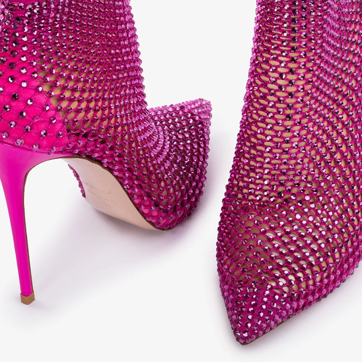 GILDA ANKLE BOOT 120 mm Bouganville fuchsia fishnet ankle boot with Crystals