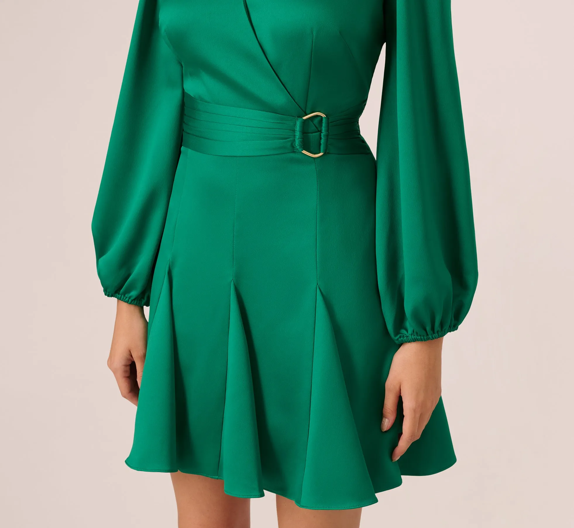 Godet Faux Wrap Short Dress In Radiant Emerald