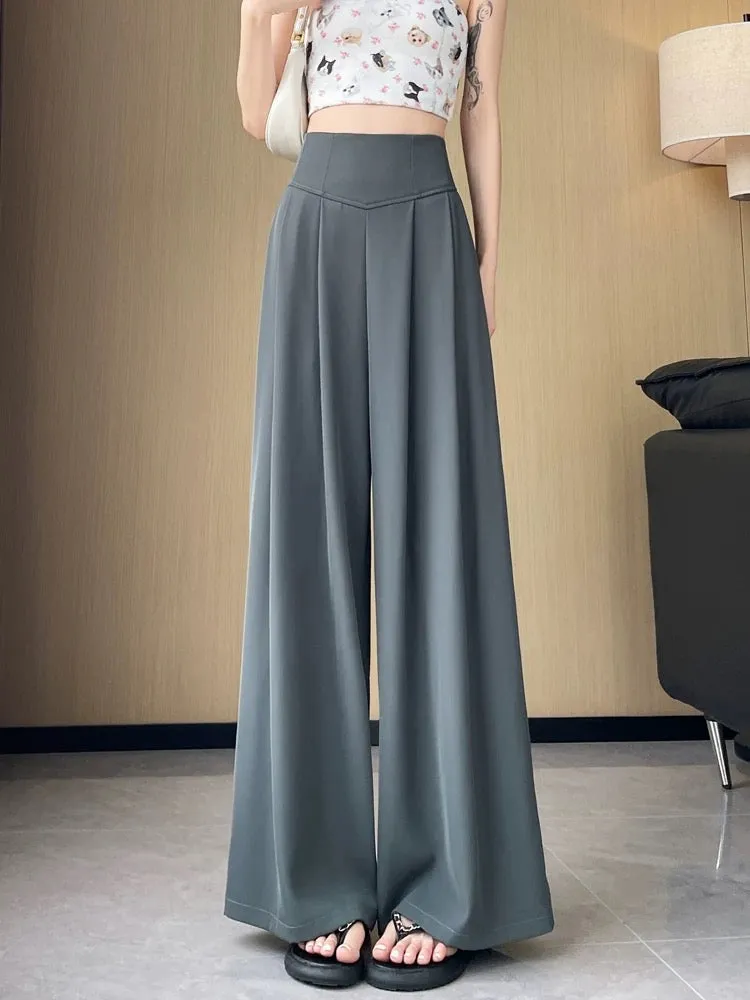 Gray suit pants for women in summer thin design fishbone super high waist wide leg pants casual straight drape floor mopping pan