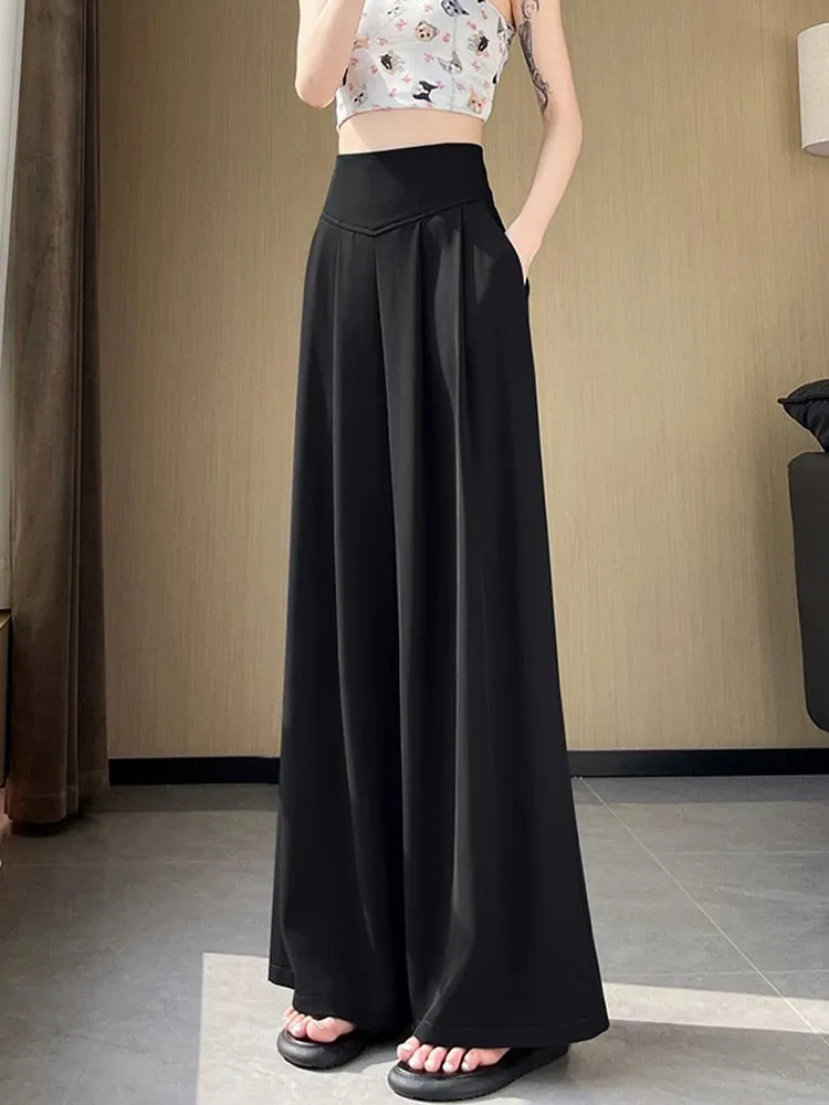 Gray suit pants for women in summer thin design fishbone super high waist wide leg pants casual straight drape floor mopping pan